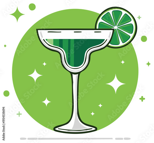 Vibrant green margarita cocktail with lime garnish and sparkling festive background