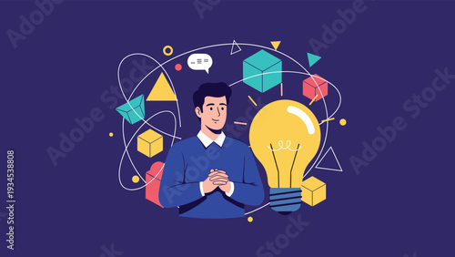 Creative person surrounded by abstract geometric shapes and a large glowing light bulb symbolizing a brilliant new idea.