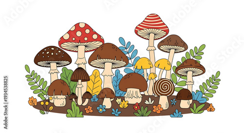 A colorful vector illustration of a group of mushrooms and plants in a whimsical forest setting