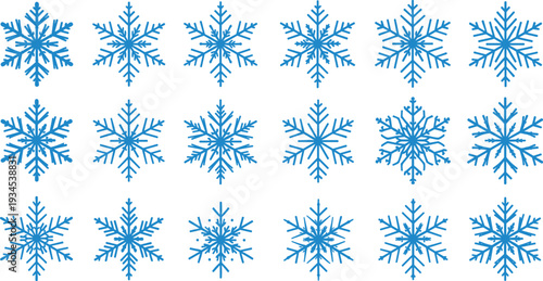 Blue snowflake icon and symbol silhouette set with winter frost crystal shapes vector illustration isolated seasonal cold weather collection