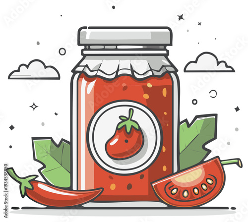 Cartoon Illustration of Homemade Pepper Jam in Jar with Tomato and Pepper