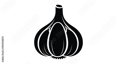 A striking black silhouette depicts a whole bulb of garlic showcasing its organic form silhouette high quality professional