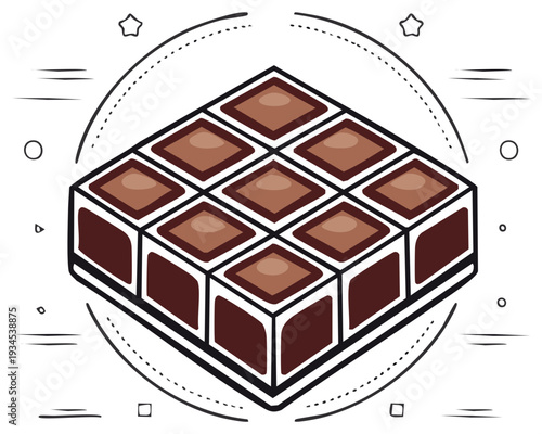 Isometric chocolate bar illustration in white border, decorated with circle pattern, candy confectionery icon