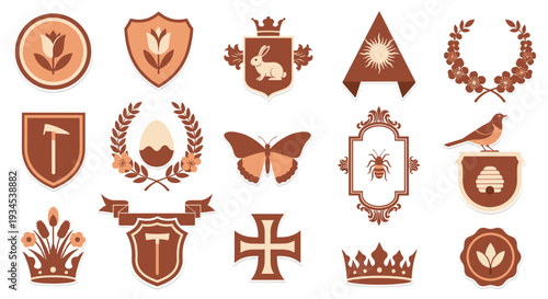 A collection of various vintage heraldic crests, shields, and emblems featuring animals, plants, and crowns, designed in a retro, pixelated style with a brown and beige color scheme.