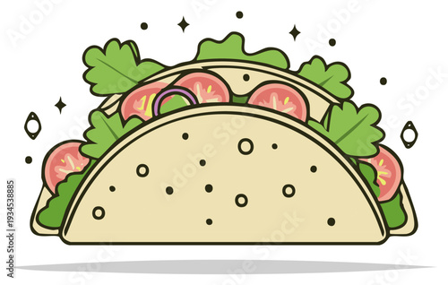 Delicious illustration of two tacos with fresh fillings and toppings, cartoon style.