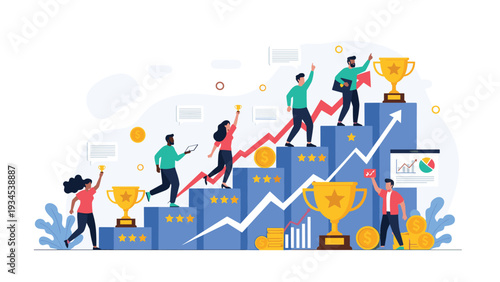 Motivated team members climbing a blue bar chart towards golden trophies and stars to celebrate business success.