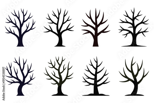 Collection of bare trees silhouettes for autumn and winter seasons, design elements isolated on transparent background