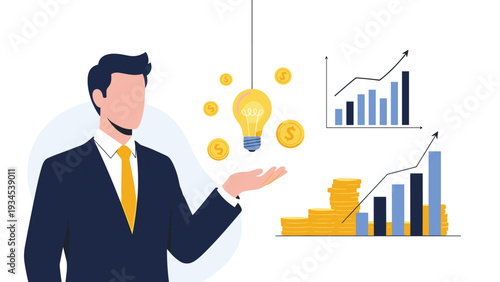 Successful businessman presenting a creative idea surrounded by rising financial charts and piles of gold coins.
