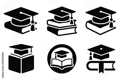 Collection of graduation cap and book icons representing education, knowledge, and learning symbols on transparent background
