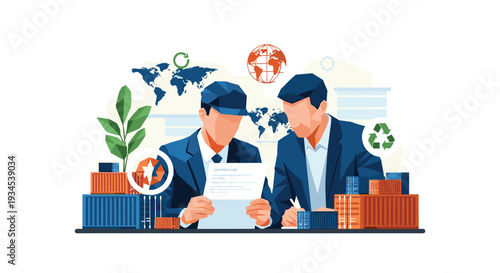 Two businessmen analyzing a shipping contract or logistics document, with cargo containers, world maps, and recycling symbols in the background representing global trade and sustainability.