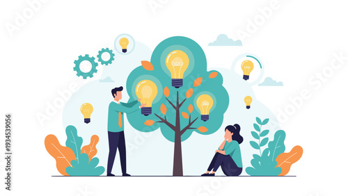 Creative team nurturing a tree of ideas where glowing light bulbs grow as fruits representing innovative solutions.