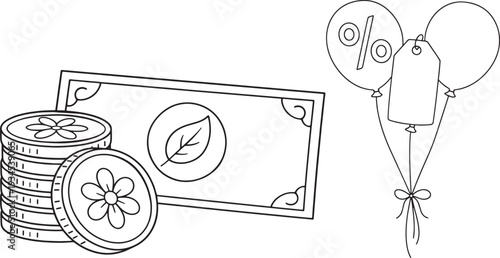 Discount sale balloons and target with leaf arrow representing eco-friendly business goals.