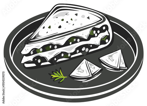 Illustrated sandwich on a plate with additional triangular portions for display, food and culinary concept