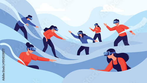 Group of adventurous people wearing virtual reality headsets and exploring immersive digital worlds together.