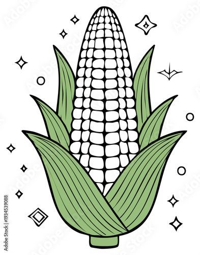 Stylized Corn Ear with Green Leaves and Sparkles