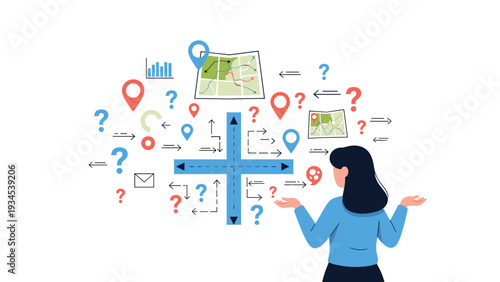 Woman looking confused while trying to find her way among various maps, location pins, and direction arrows.