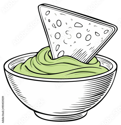 Avocado dip with tortilla chip, retro food illustration