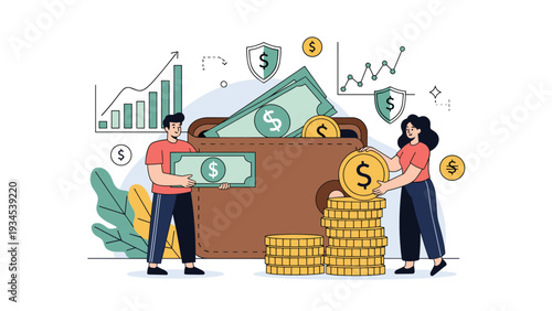 Financial team managing wealth by putting large paper bills and golden coins into a giant brown leather wallet.