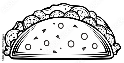 Black and white illustration of a delicious taco