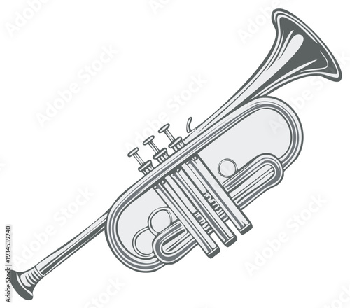 Illustration of a silver trumpet musical instrument isolated