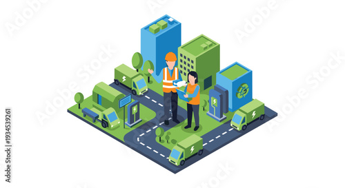 An isometric illustration shows a modern city with electric delivery vans at charging stations, while two engineers review plans on a tablet.