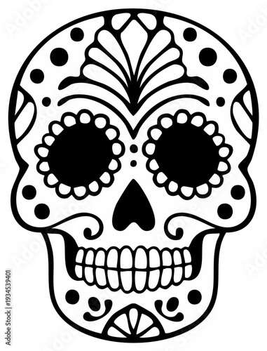 Black and white sugar skull design illustration for Day of the Dead celebration