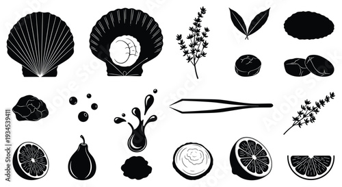 A collection of black silhouette icons featuring various food and nature elements like scallop shells, citrus fruits, herbs, and cooking utensils.