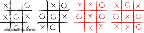 Grunge Tic Tac Toe Board Set Vector Illustration in Black and Red Hand Drawn Style