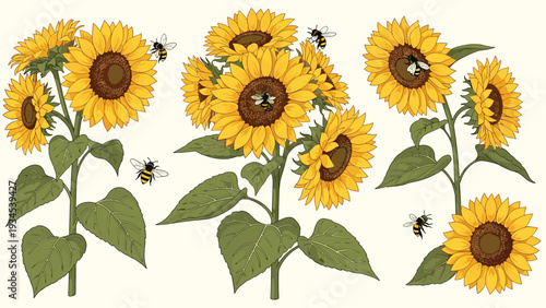 Beautiful yellow sunflowers in full bloom with small honey bees collecting nectar on a light cream background.