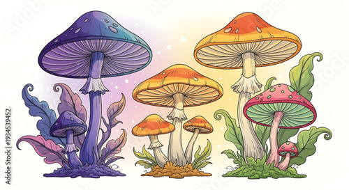 A colorful vector illustration of various mushrooms and plants in a whimsical design