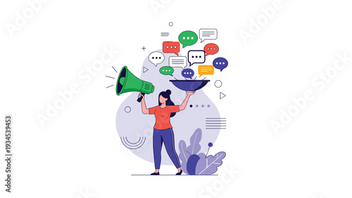Active woman using a large green megaphone to broadcast various messages and chat bubbles to the public.