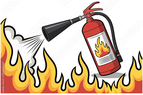 Fire extinguisher with flames and smoke effect, emergency equipment symbol for fire safety and protection on transparent background