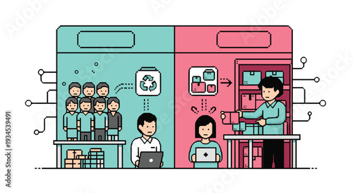 A split-screen illustration contrasts a group of production workers with a recycling process on one side, and a warehouse employee fulfilling an online order on the other.