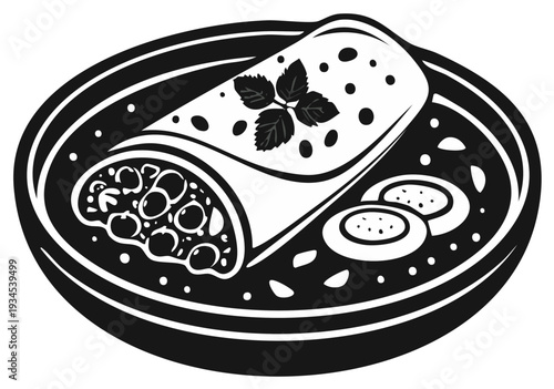 Delicious Black and White Illustration of a Generously Filled Burrito on a Dark Plate
