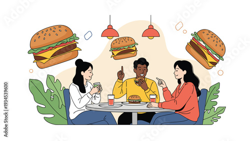 Group of diverse friends sitting around a table in a cafe and enjoying delicious hamburgers and drinks while having a fun conversation.
