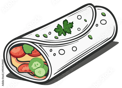 Cartoon Style Burrito Wrap Filled with Vegetables and Herbs Delicious Takeout Snack Mexican Food Illustration