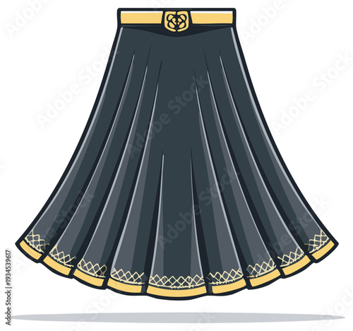 Elegant Pleated Maxi Skirt with Decorative Waistband and Hemline Pattern