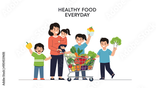 Mother with her four children happily shopping for fresh vegetables and filling their grocery cart with healthy food for the whole family.