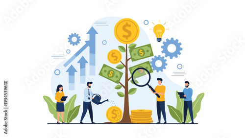 Business team working together to grow a money tree symbolizing investment success, financial planning, and economic prosperity for companies.