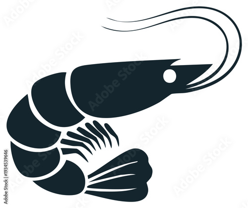 Stylized dark shrimp or prawn icon illustration for seafood restaurant menu design