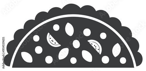 Stylized dark silhouette icon of a half-moon food item, a pastry or taco with abstract filling