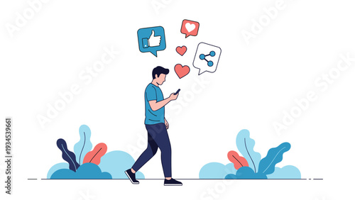 Young man using his smartphone to browse social media and receive likes and shares while walking through a park with lush greenery.