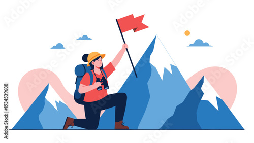 Successful woman hiker holding a red flag on top of a mountain peak with binoculars and backpack celebrating her achievement and climb.