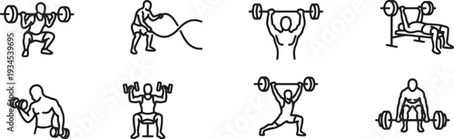 Fitness and bodybuilding line icon set