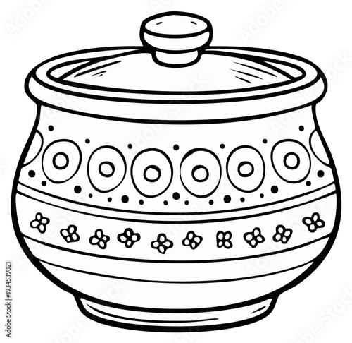 Traditional patterned ceramic pot with lid for serving food or storing ingredients