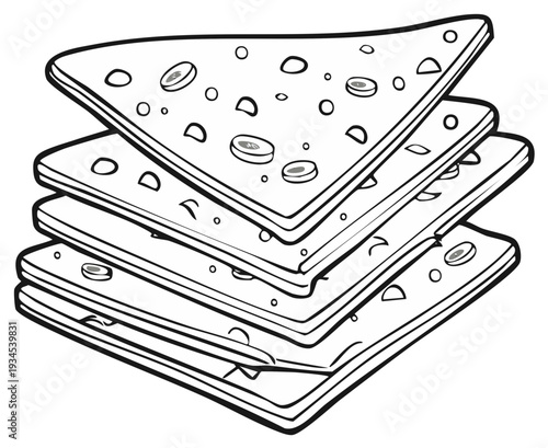 Monochrome Stack of Flatbreads with Toppings, Graphic Meal Element, Layered Homemade Tortillas, Uncolored Culinary Illustration