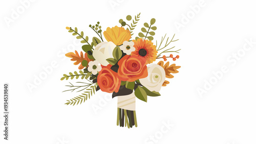 Vibrant bouquet of orange, white, and yellow flowers with lush greenery