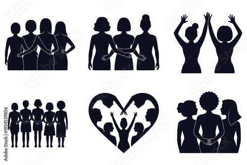 Outline icons showing unity among women various groups embracing supporting each other forming heart shapes demonstrating friendship