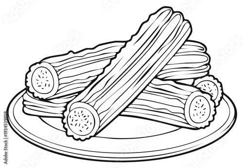Hand drawn sketch of churros stacked on a simple plate isolated on white background