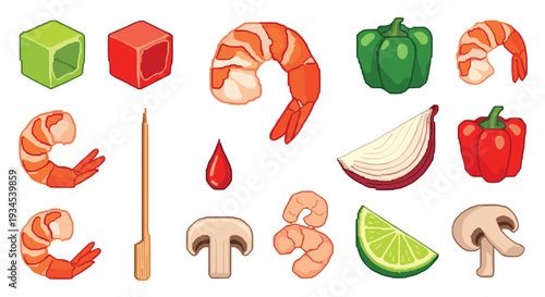 A collection of pixel art food icons featuring shrimp, bell peppers, mushrooms, and other ingredients for cooking.
